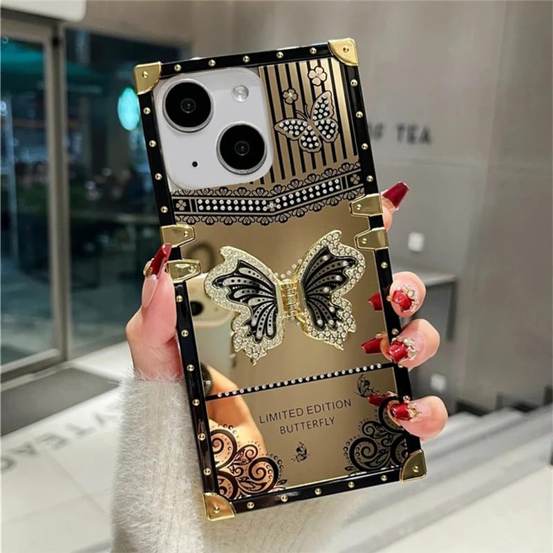 Premium Shockproof Designer Case for iPhone 14 Plus | Bling Butterfly Mirror Finish | Metallic Corners & Elegant Studded Frame | Stylish Protective Cover - Black