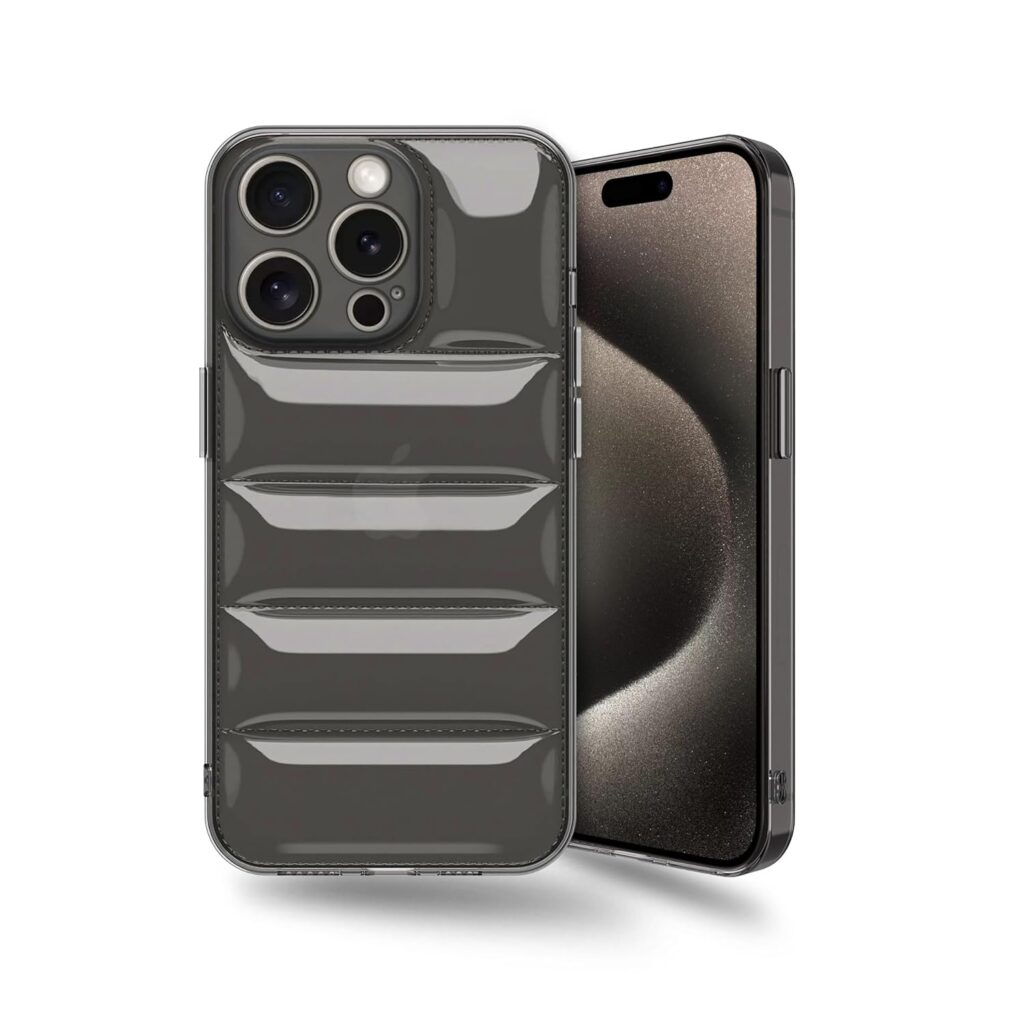 Amazon Brand - Solimo Ultra-Thin Transparent Puffer Case Camera Protection Soft Back Cover for Apple iPhone 15 Pro Max - Grey