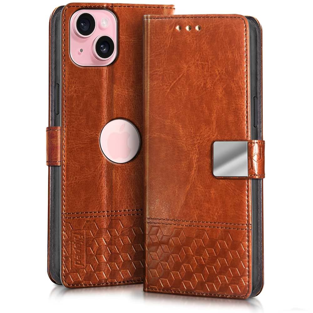 FLIPPED Hand Stitched Honeycomb Dual Design Back Flip Cover Case for Apple iPhone 15 (Shock Proof | Leather Finish | Wallet Case Card Holders & Stand) - Tanned Brown