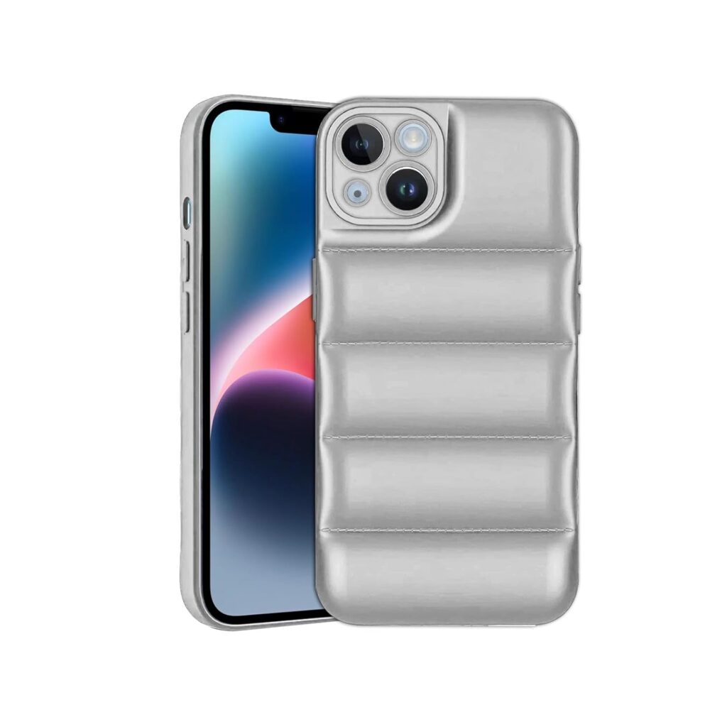 Amazon Brand - Solimo Puffer Case Camera Protection Soft Back Cover for Apple iPhone 14 - Silver