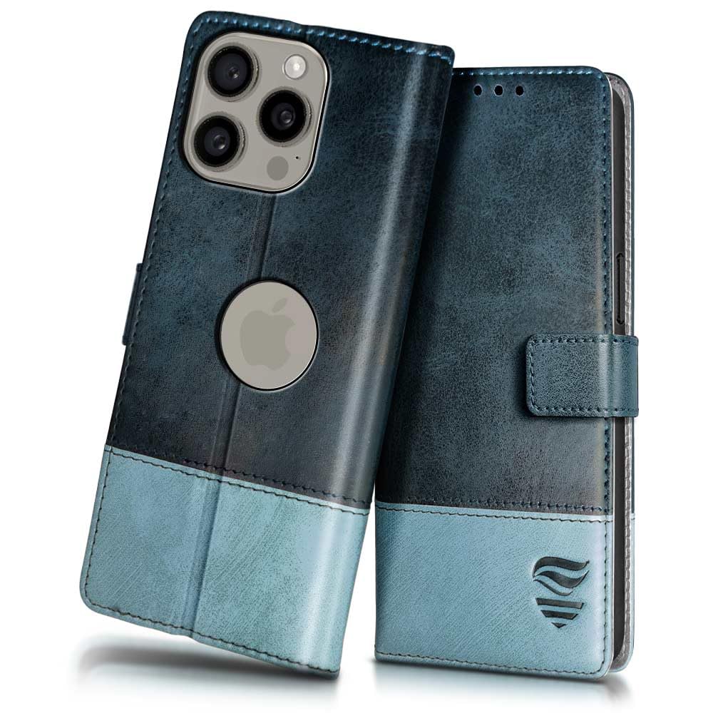 FLIPPED Vegan Leather Flip Case Back Cover for Apple iPhone 15 Pro Max (Flexible, Shock Proof | Hand Stitched Leather Finish | Card Pockets Wallet & Stand | Blue with Aquamarine)