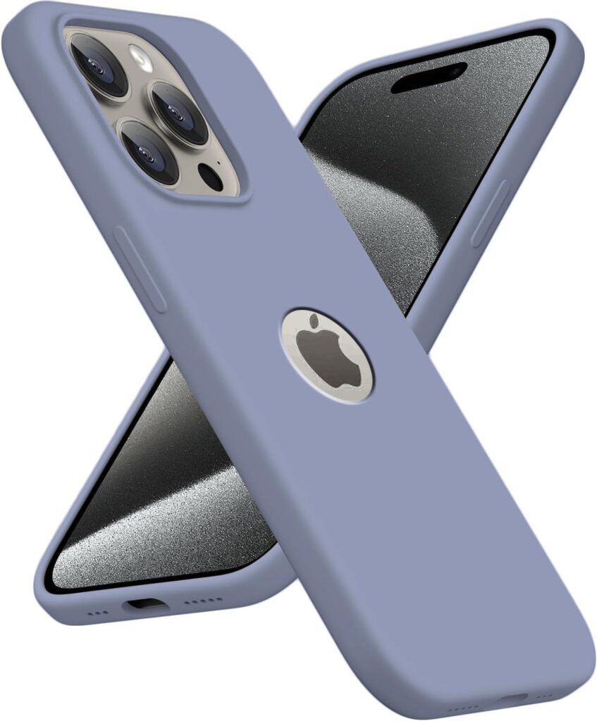 Elzzi Microfiber Logo Cut Compatible for iPhone 15 Pro Max Case Liquid Silicone Cases Non-Slip Full Body 4 Layer Protectives Shockproof Back with High Raised Camera Lips (6.7 inch, Lavender Grey)