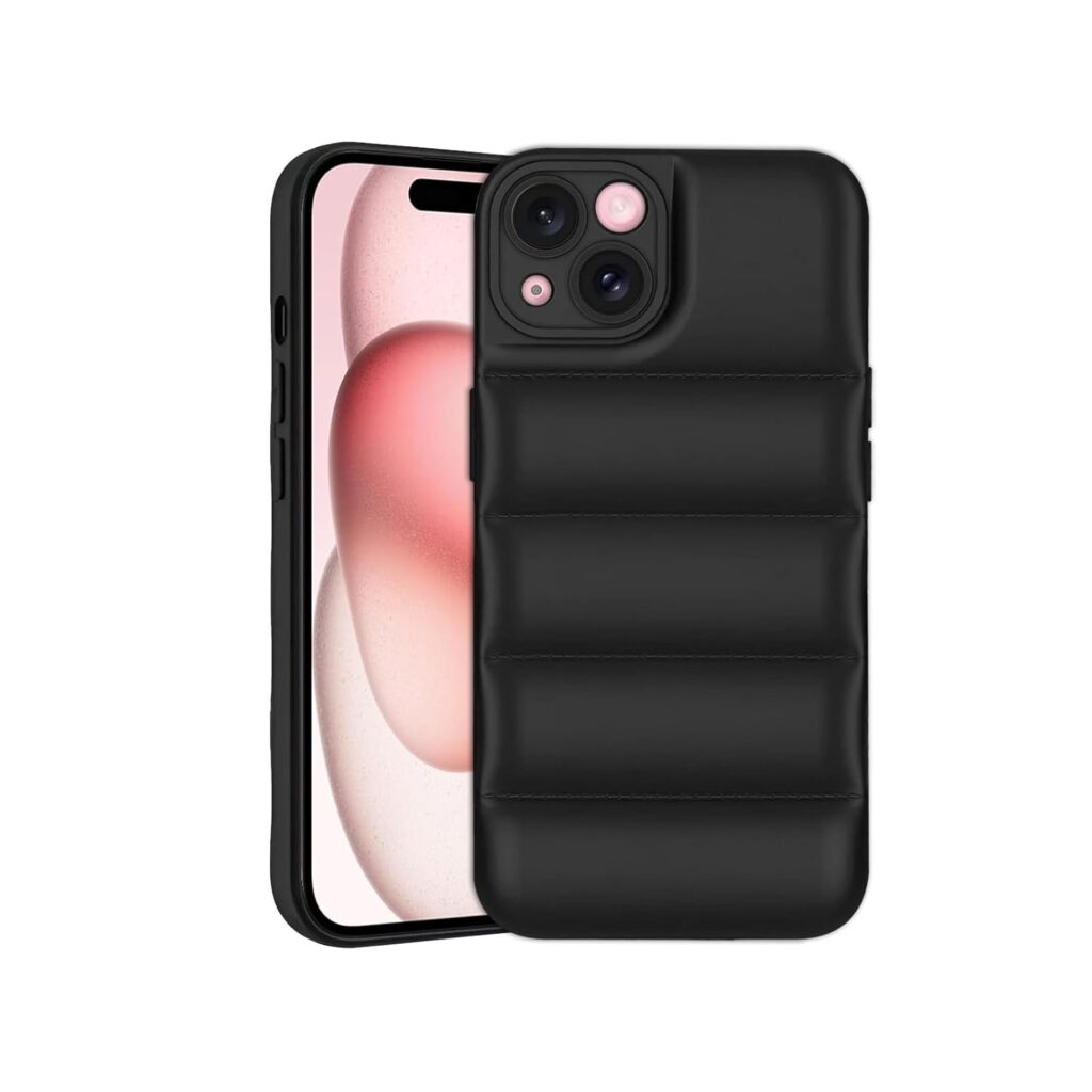 Amazon Brand - Solimo Puffer Case Camera Protection Soft Back Cover for iPhone 15 - Black - Rubber