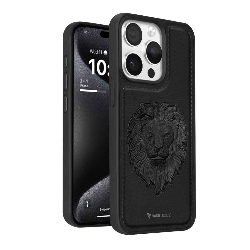 Vaku Luxos® Lion Embossed TPU Back Cover Case for iPhone 15 Pro Max Premium Leather Stitched Design Camera Screen Protector- Black