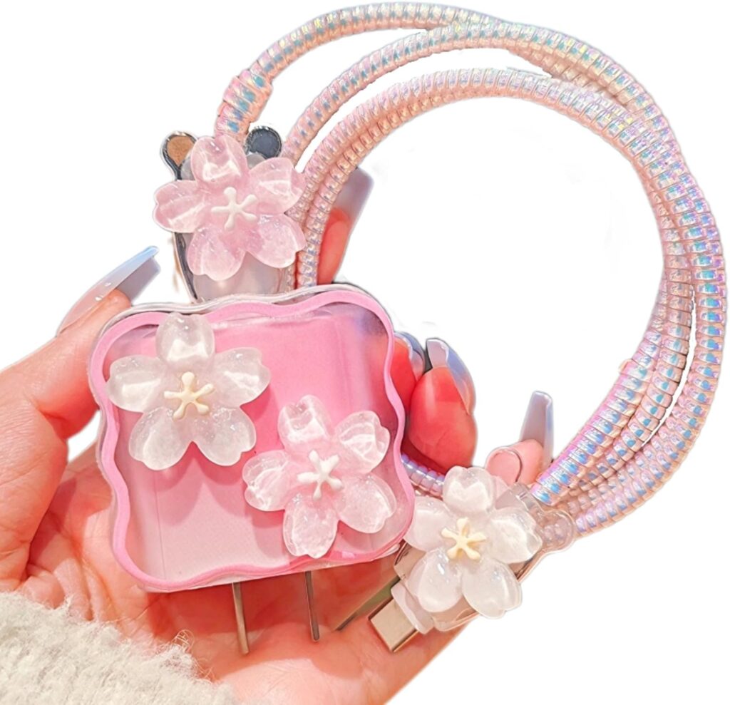 Protective Charger Case for iPhone 18W 20W iPhone 16 15 14 13 12 11 Pro Max Charging Cable Charger Protective Cover Data Cable Protective Sleeve-New Pink Flower