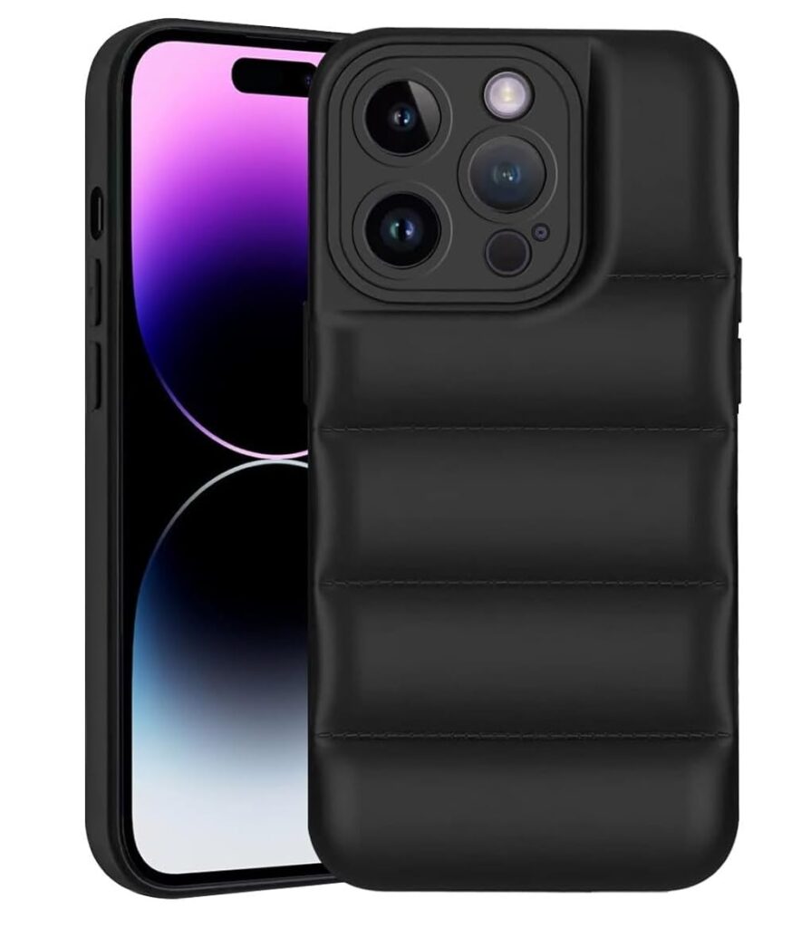JANAK RAJ Quilted Puffer – Soft Touch Stylish Design Back Case Cover Compatible with iPhone 14 Pro | Shockproof Silicone Bumper with Camera Protection – Black