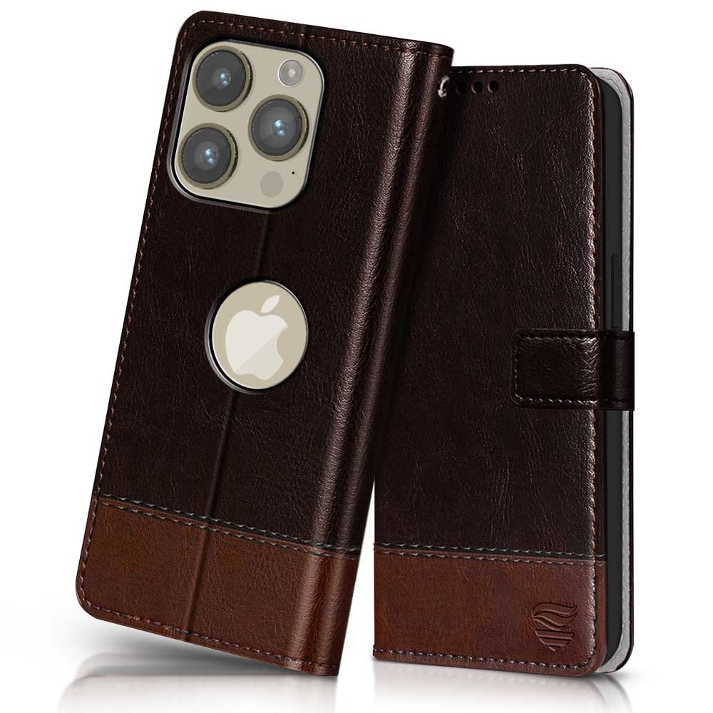 FLIPPED Vegan Leather Flip Case Back Cover for Apple iPhone 14 Pro (Flexible, Shock Proof | Hand Stitched Leather Finish | Card Pockets Wallet & Stand | Coffee with Brown)