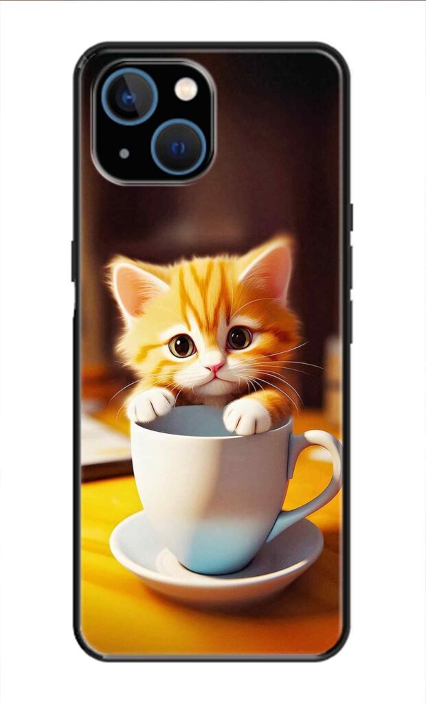 Metal TPU Printed Back Cover for Apple iPhone 14 Plus (Cute Small Cat with Cup) 360 Degree Protection | Camera Protection -25092024(AO)