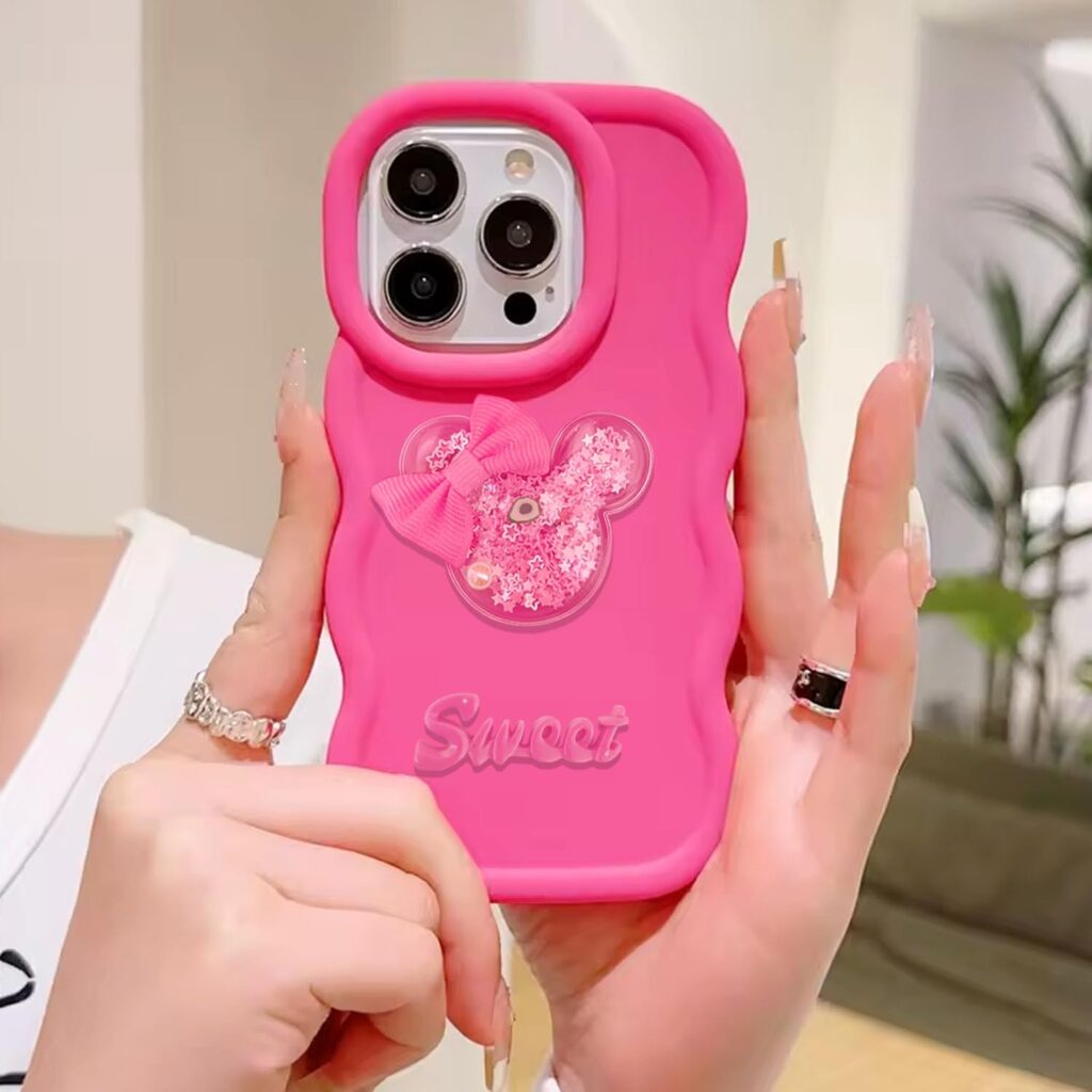 KC Back Cover for Apple iPhone 15 Pro Max - Big Wave Stylish Sweet Starry Mickey Ear & Bowknot Soft Silicone Case with Camera Protection (Pink)