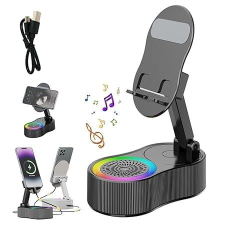 5 in 1 Wireless Induction Bluetooth Speaker Stand with Foldable Phone Holder, Power Bank & Ambient Light — Desktop/Home, Plastic/Metal Composite (Minimalist Design) (Black)