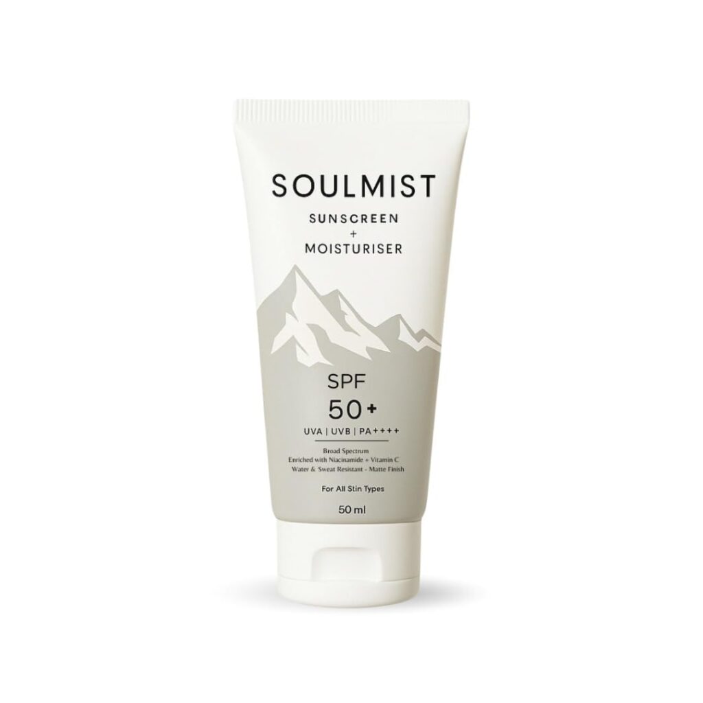 Soulmist Sunscreen + Moisturiser for Men & women | SPF 50+ PA++++ | Niacinamide & Vitamin C | Water & Sweat Resistant | Matte Finish | Broad Spectrum UV Protection | 50ml