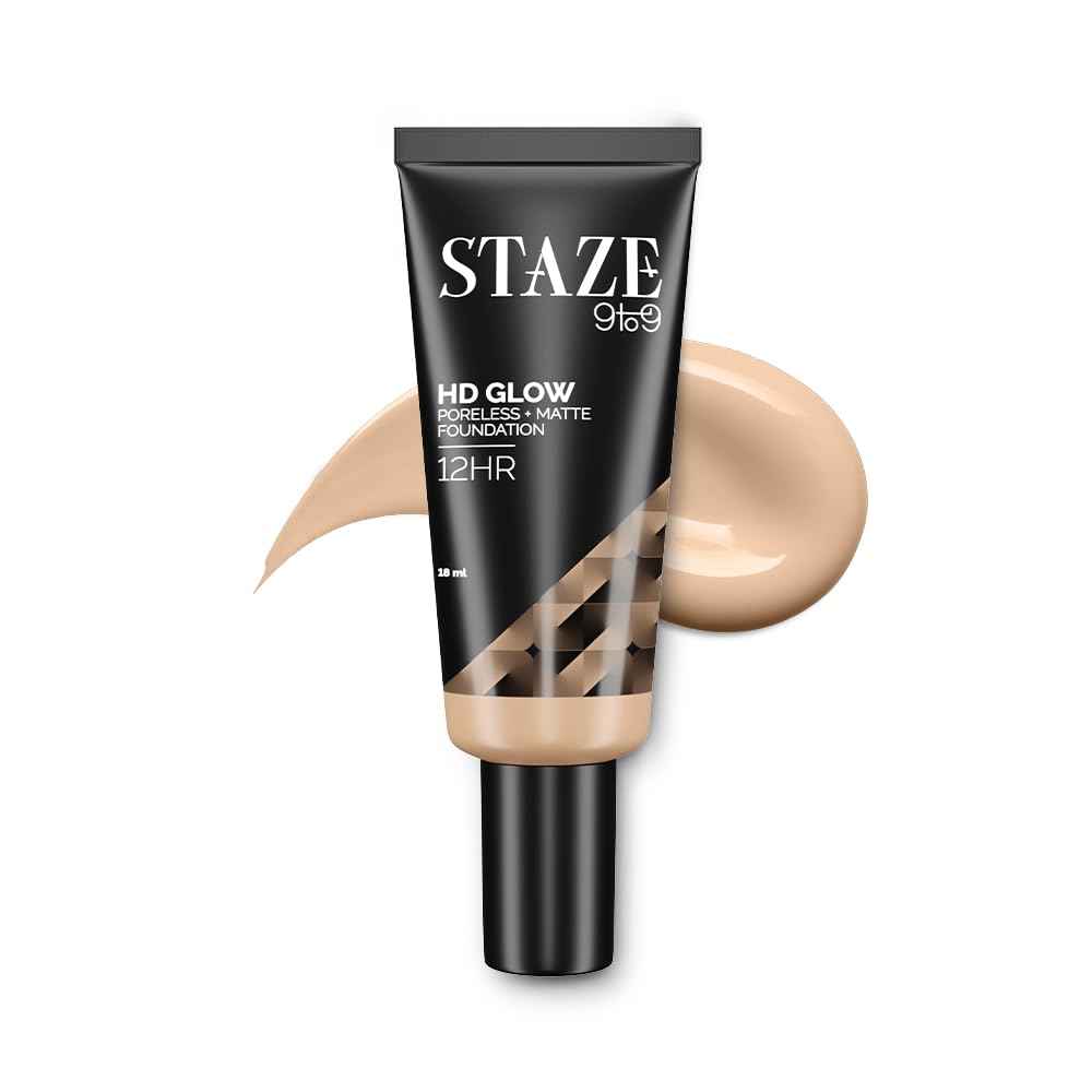 Staze 9To9 HD Liquid Foundation | 12Hrs Longlasting | Poreless + Matte Flawless Finish | Full Coverage, Sweatproof & Easily Blendable | Suitable For All Skin Types | 125W Vanilla | 18 Ml