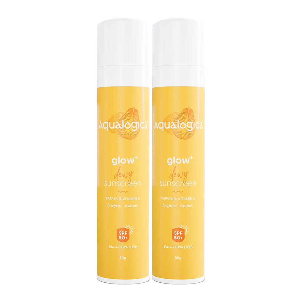 Aqualogica Glow+ Dewy Sunscreen SPF 50 PA++++ with Papaya & Vitamin C | For Oily, Combination & Dry Skin Type | UVA/B & Blue Light Protection | Fragrance-Free | For Men & Women | 50g x 2