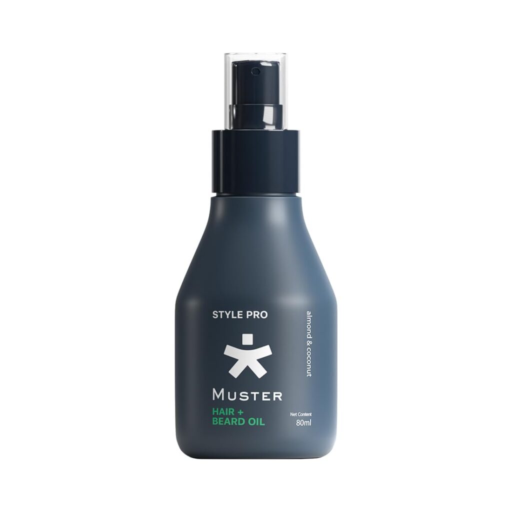 Muster Style Pro Hair & Beard Oil | 80 ml | Non-Greasy Oil | Styling Hair Spray | Almond & Coconut Oil | Beard Spray | Healthy & Natural Shine for Hair & Beard