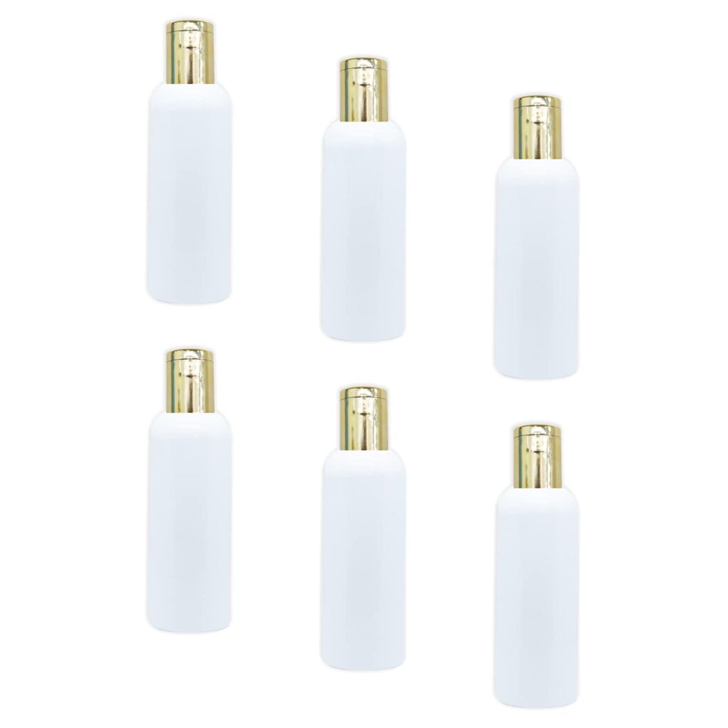 100ml White Cosmetic Grade HDPE Bottles - Pack of 6, Refillable & Reusable with Golden Flip-top Caps for Shampoo, Massage, Hair Oil, Multipurpose Use