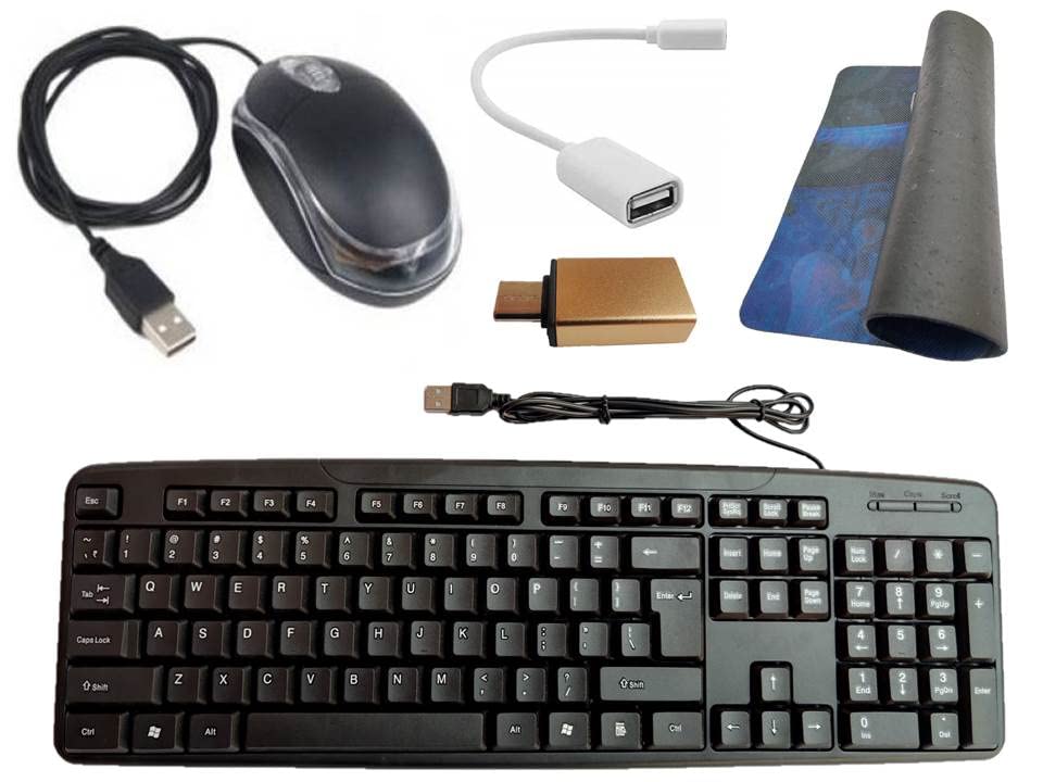 Anjo 5 in 1 Combo of Wired Keyboard, Wired Mouse, Mouse Pad, OTG Micro to A & OTG Type C to A