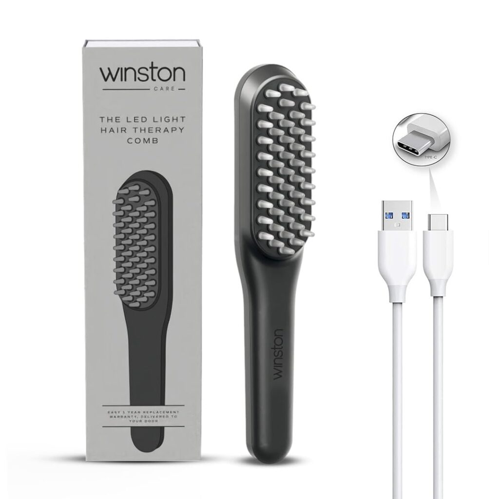 WINSTON LED Hair Growth Comb with Red & Blue Light Therapy & Vibration Head Massager | Scalp Treatment, Hair Fall Control | Rechargeable Electric Detangler for Men & Women (Grey) | 1 Year Warranty