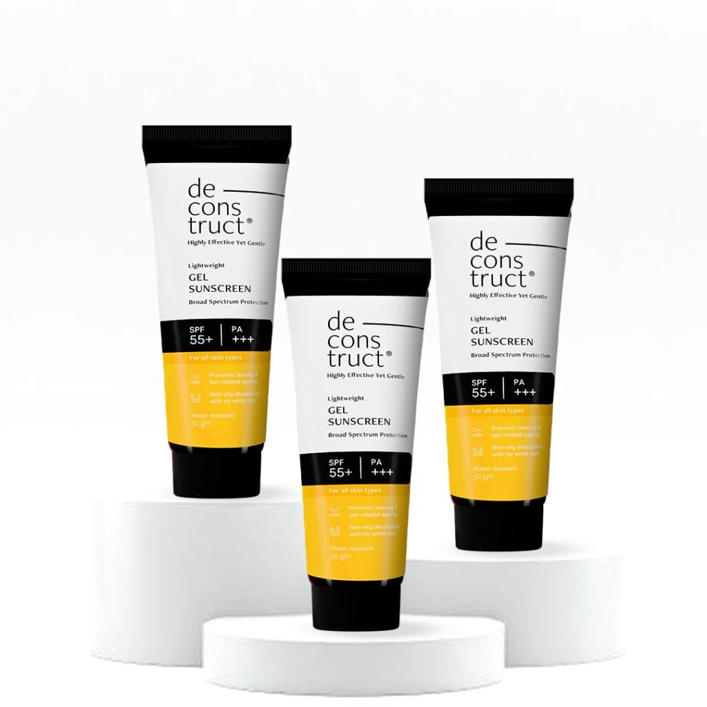Deconstruct Face Gel Sunscreen SPF 50 + and PA+++ | Gel based sunscreen for oily, combination, acne prone & normal skin| Broad spectrum sunscreen, No White Cast, Lightweight - 50g each, pack of 3