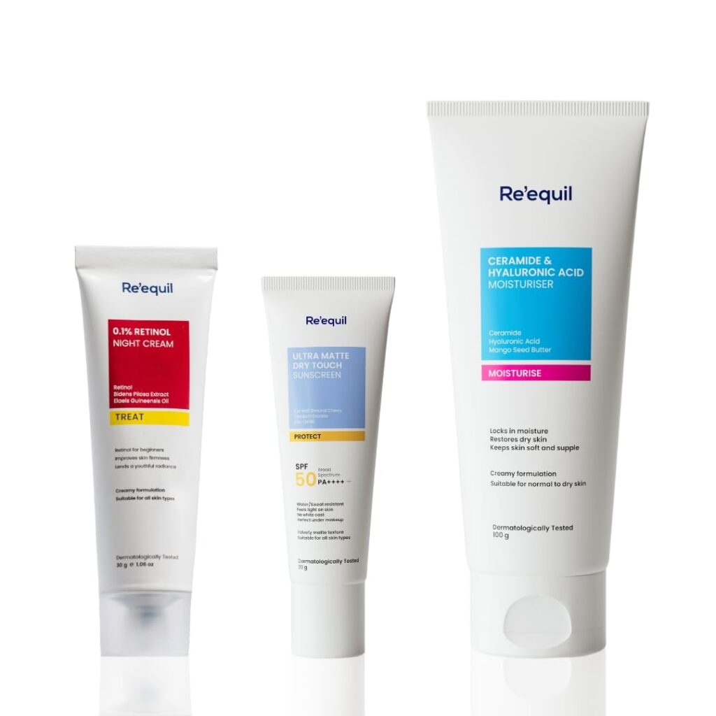 RE' EQUIL 50 Spf All The Retinol Starter Bundle (0.1% Retinol Night Cream 30Gm, Ultra Matte Sunscreen 20Gm, Ceramide & Hyaluronic Acid Moisturiser 100Gm)