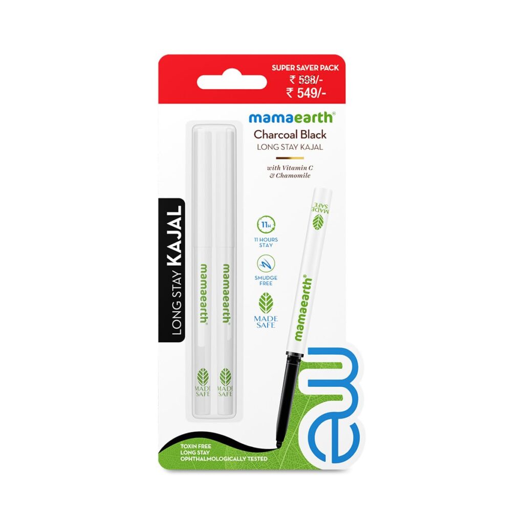 Mamaearth Pack of 2 Charcoal Black Glossy Long Stay Kajal Pencil With Vitamin C & Chamomile for 11-Hour Smudge-Free, Waterproof Wear