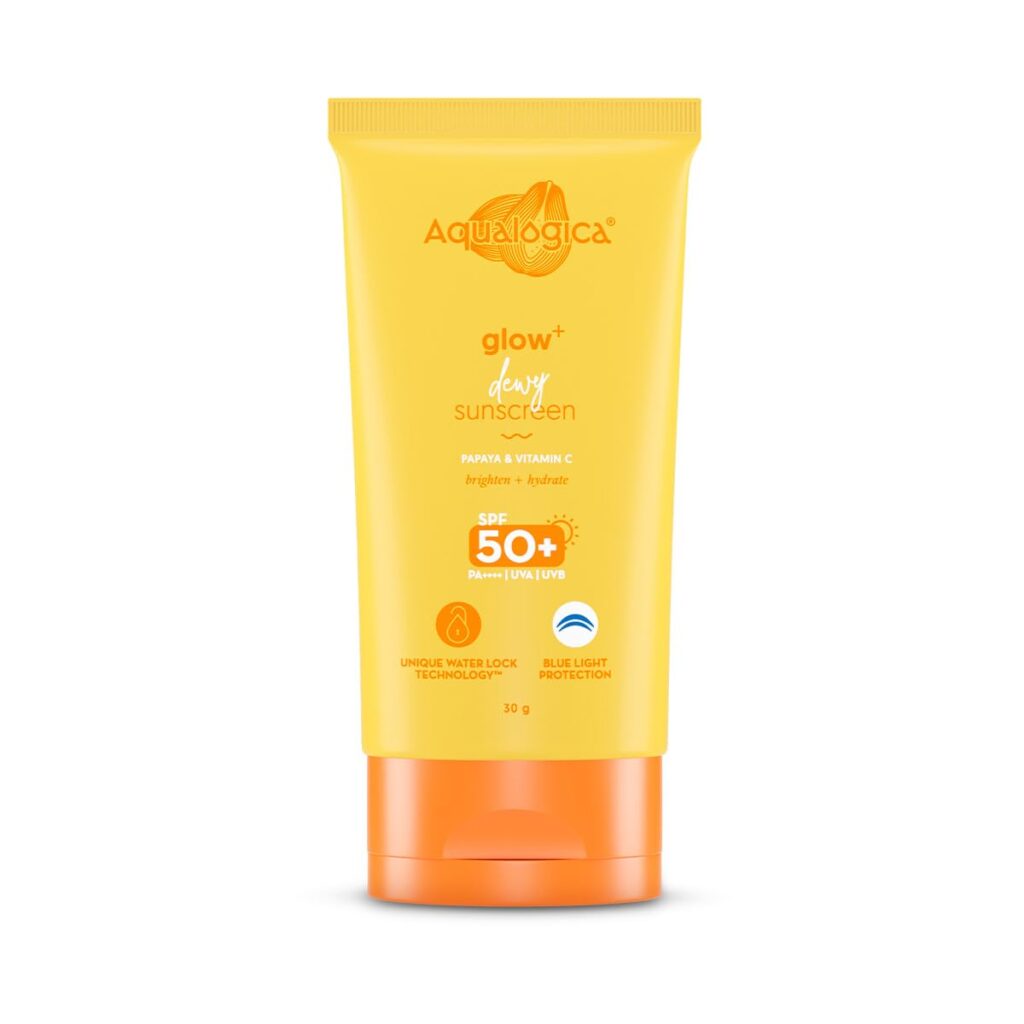 Aqualogica Glow+ Dewy Sunscreen Gel SPF 50 PA++++ with Papaya & Vitamin C | For Dry, Sensitive, Oily & Combination Skin | UVA/B & Blue Light Protection | Travel Friendly | For Men & Women | 30g