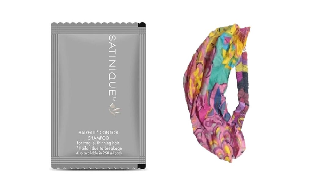 SATINIQUE Hairfall Control Shampoo Sachets (30 sachets in a box) and stylish hair/head band [ASSORTED] - COMBO