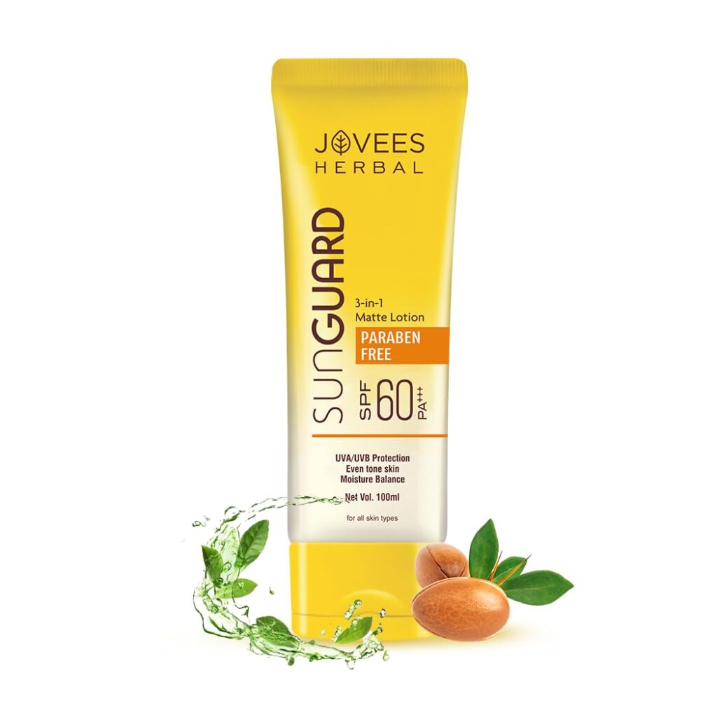 Jovees Herbal Sun Guard Lotion SPF 60 Pa+++ Broad Spectrum For All Skin | 3 in 1 Matte Lotion UVA/UVB Protection, Moisture Balance, Even Tone Skin For Women/Men 100ml