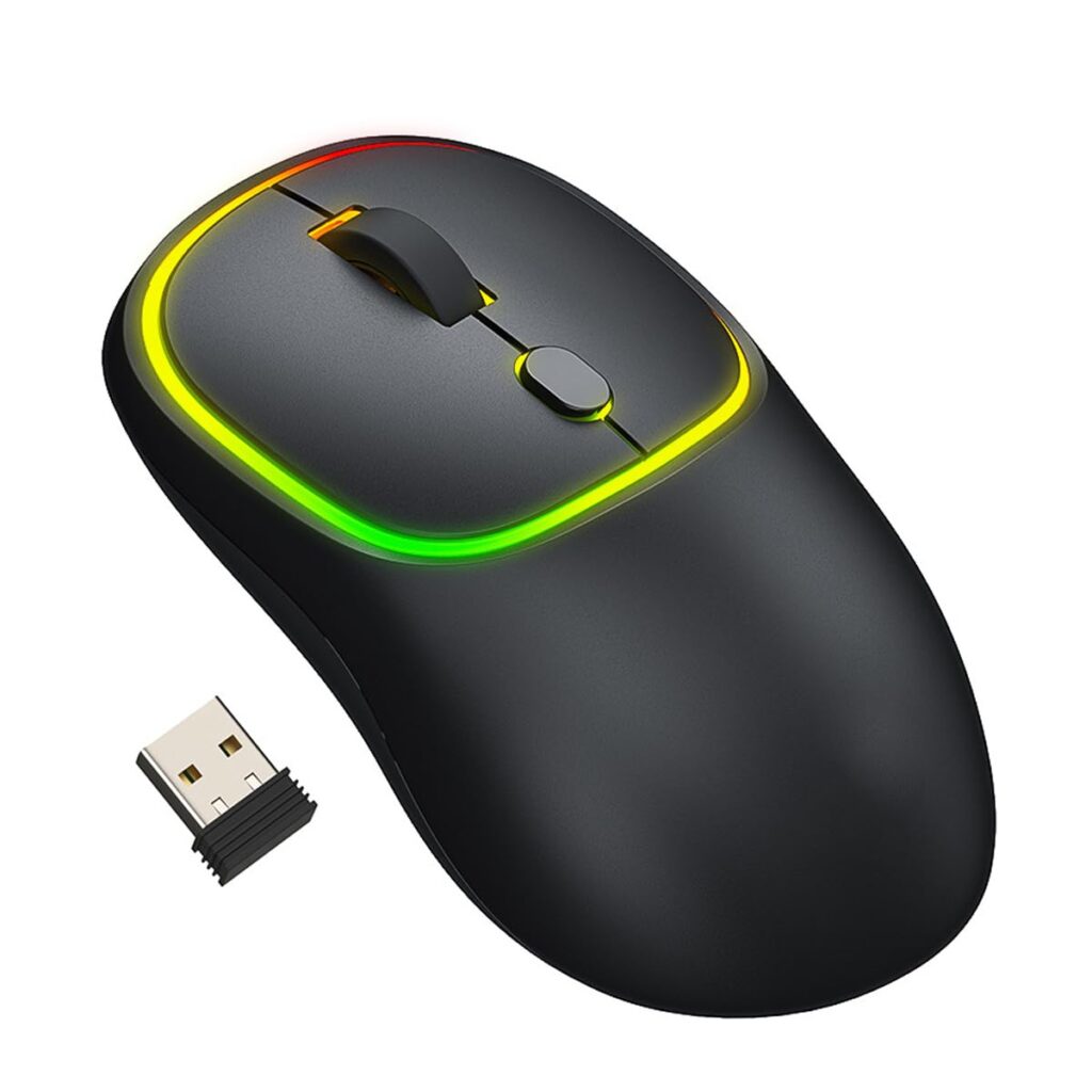 Wireless Mouse, Type-C Rechargeable, Silent, Bluetooth 5.2, 2.4 GHz, 2-Way Connection, Small, Wireless Mouse, Compact, High Sensitivity, Energy Saving, 7 Color Lights, Ambidextrous, 3 Stage DPI