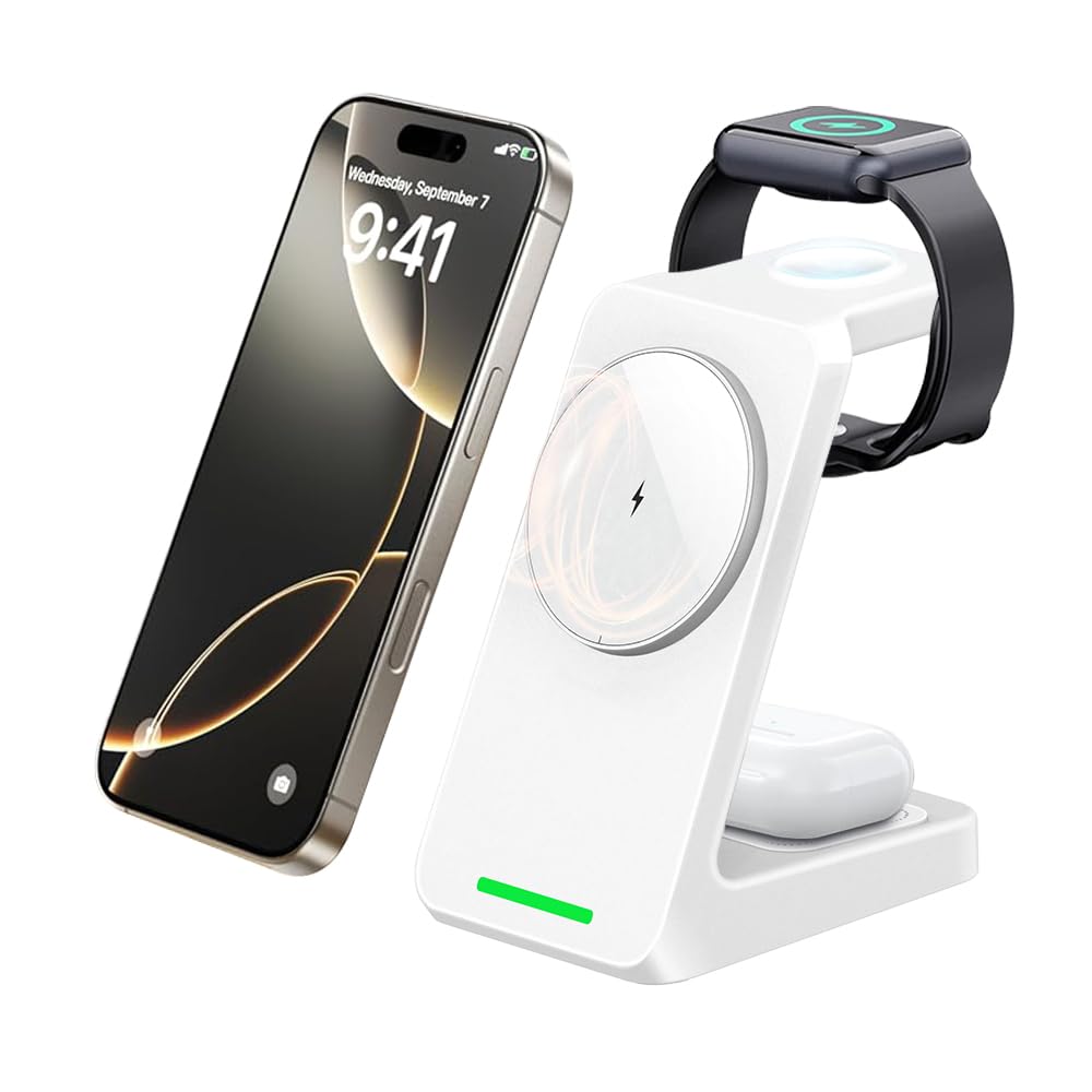 UNIGEN® Magtec 330 3-in-1 Wireless MagSafe Charger, Compatible with iPhone 17/16/15/14/13/12 Series, AirPods 2nd/3rd, and Apple Watch Series 9/8/7/6/5/4/SE (White)