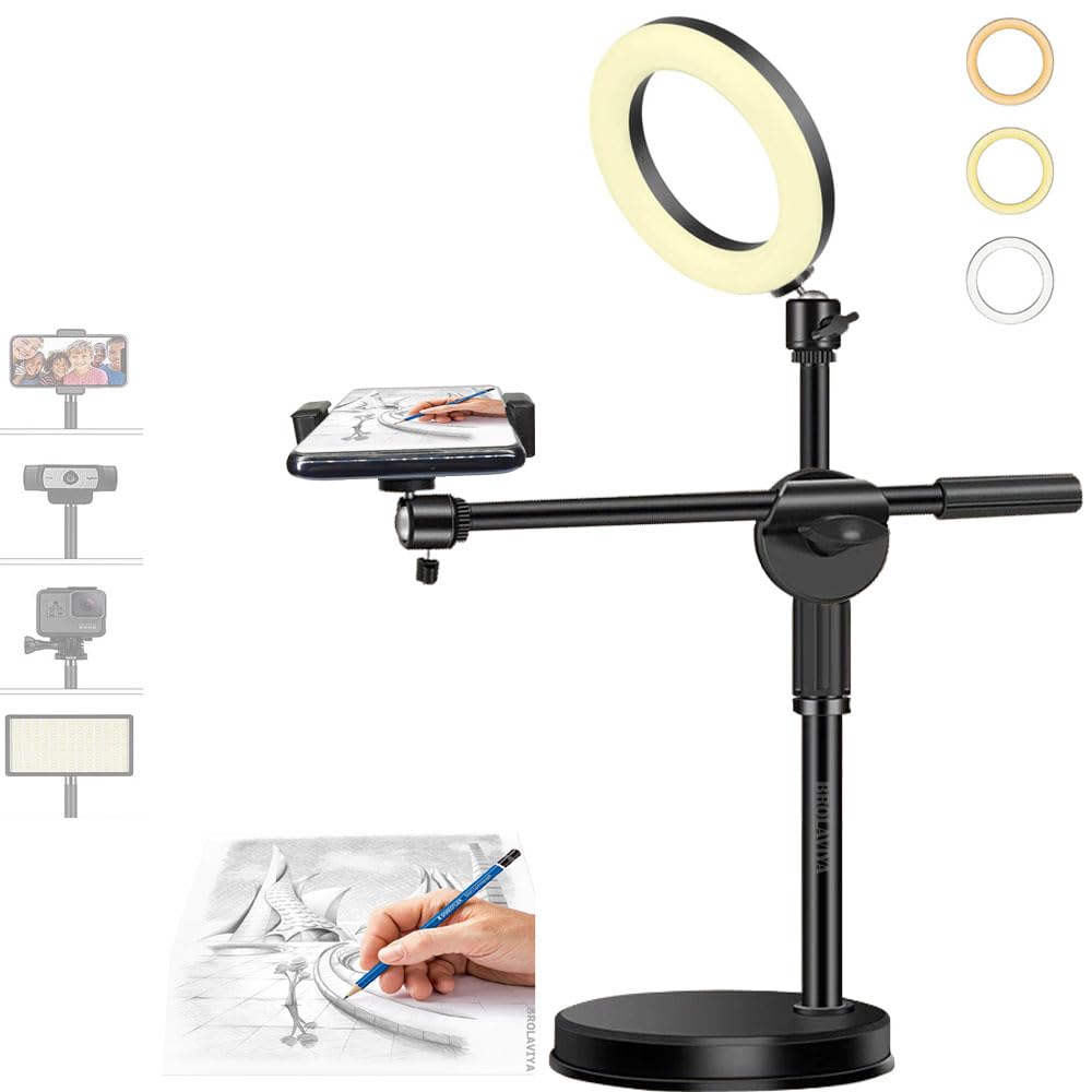 BROLAVIYA Overhead Video Stand with 6-inch Ring Light, Metal Rod,1/4" Ball Head for Camera,Webcam,Gopro, with Mobile Bracket for Overhead Video,Desktop,Bedroom, Office.