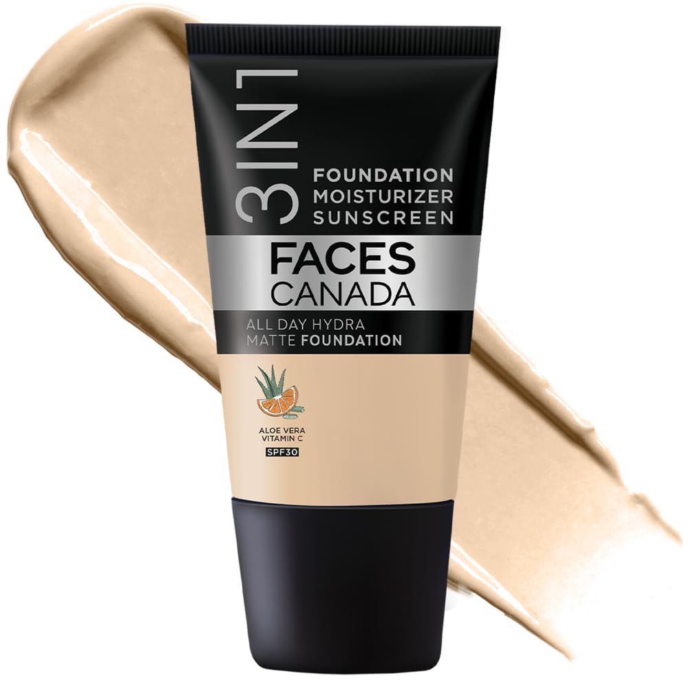 FACES CANADA All Day Hydra Matte Foundation - Mini | 3in1 Foundation + Moisturizer + SPF 30 | 24 HR Aloe Hydration & Vitamin C | 10HR Wear | Medium to High Buildable Coverage | Absolute Ivory (18 ml)