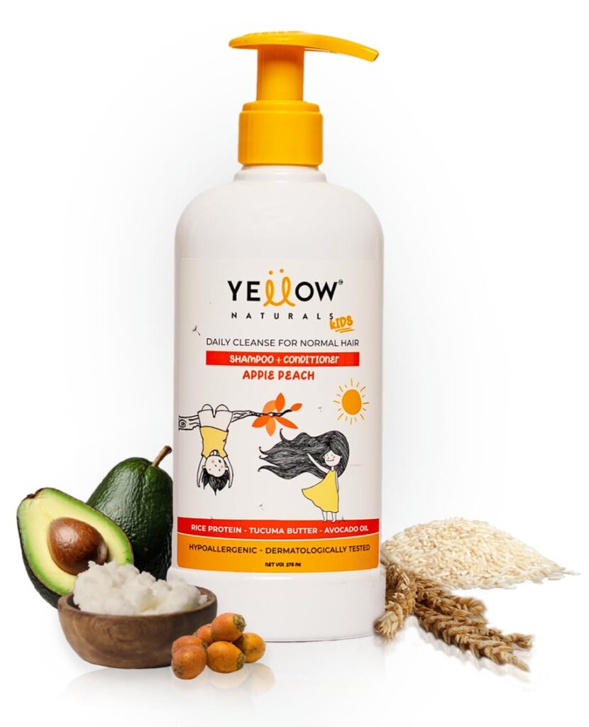 Yellow Naturals Kids Shampoo for 4 to 12yrs-275 ml Organic & Kids Conditioner, PH Balanced, Rice Protein & Tucuma Butter, Sulphate & Paraben Free, Daily Cleanse for Normal Hair (Apple Peach)