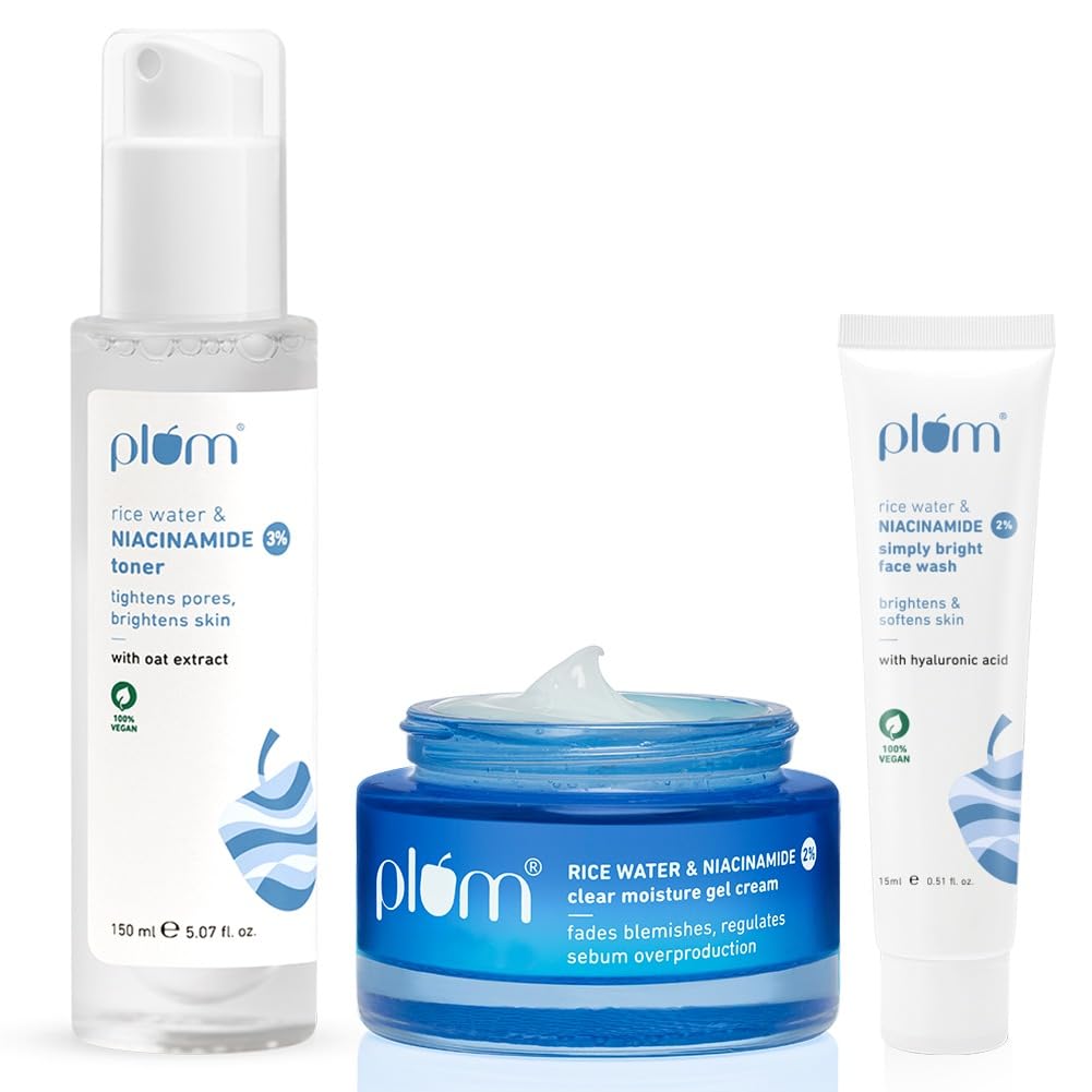 Plum Niacinamide Skincare Combo – 3% Toner (150ml) + 2% Moisturizer (50gm) + Free Rice Water Face Wash | Fades Blemishes, Brightens Skin & Oil-Free Hydration | For All Skin Types, Women & Men