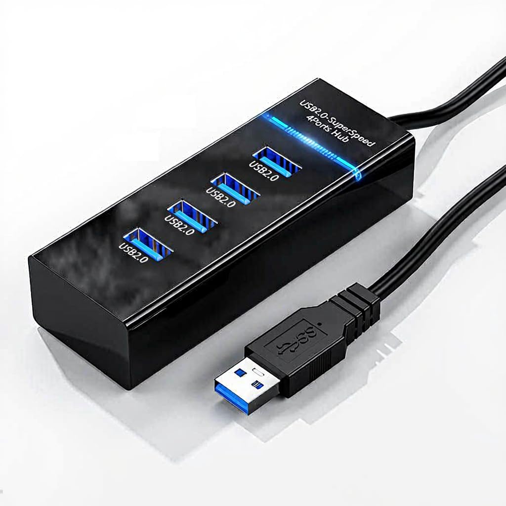 Usb3.0 Extended Splitter Cable | 4 USB 2.0 Ports with LED, 1.5M Black Cable, PowerFree, Laptop TypeC External Hub for Mouse Keyboard and Storage Devices | Ideal for Laptops and Workstations