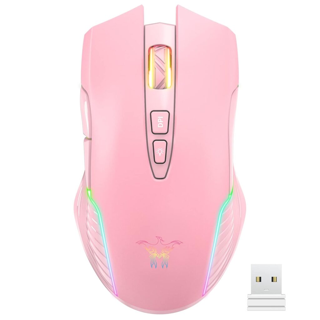 RGB Wireless Gaming Mouse, Pink, Rechargeable, Ergonomic Design, Adjustable DPI, Compatible with Windows, Mac