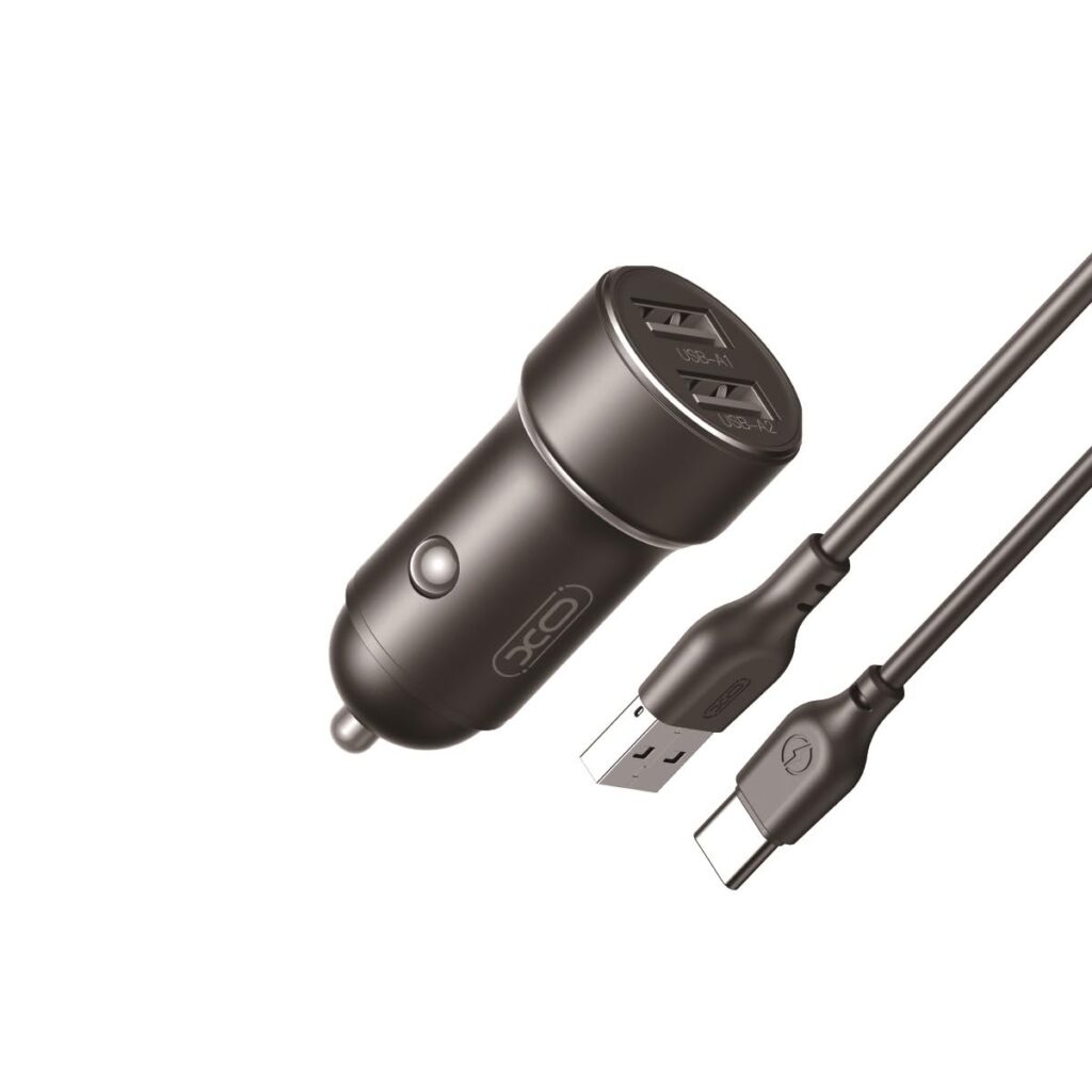 XO CC53 Dual USB 12W Car Charger with Type-C Cable, Fast Charging Adapter for Car, Compatible with Smartphones, Tablets, GPS Devices – Compact and Durable