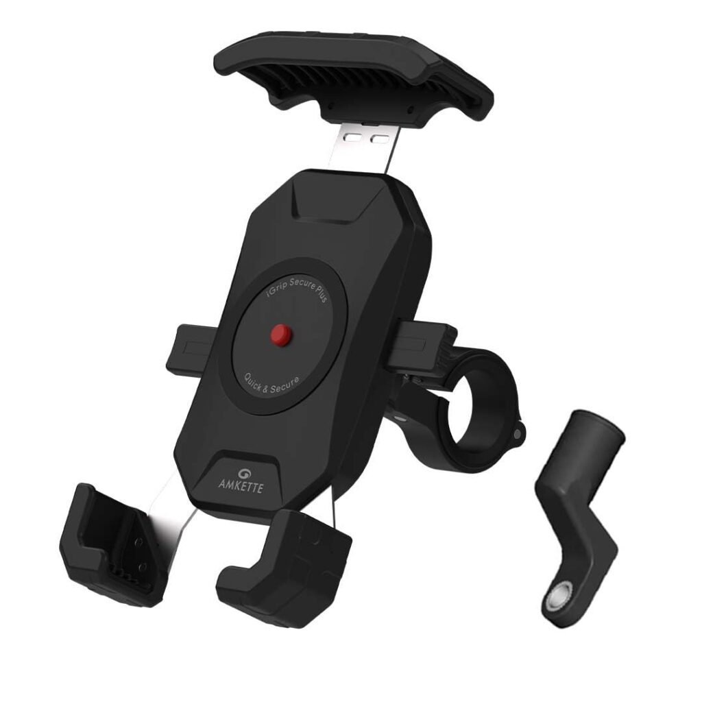 Amkette iGrip Secure Plus Mobile Holder for Bike/Scooter | Sturdy Build with Internal Metal Core, Anti-Shake Mount, 360° Rotation, IPX6 Waterproof, ABS & Rubber Protection (Black)