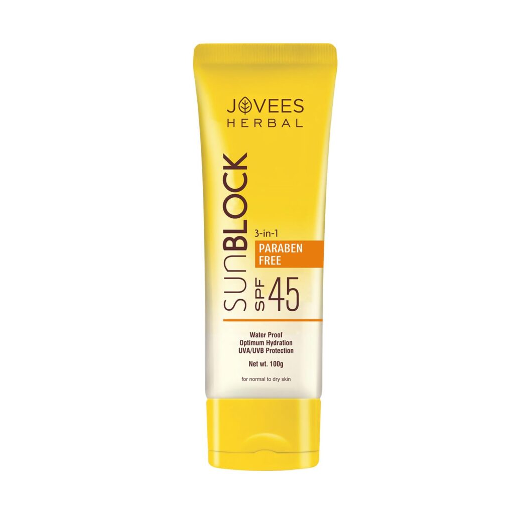 Jovees Herbal Sun Block SPF 45 For Even Toned & Glowing Skin | Suitable For Dry Skin | Sunscreen for UVA/UVB & Blue Light Protection | Lightweight & Non Grassy for Men & Women 100g