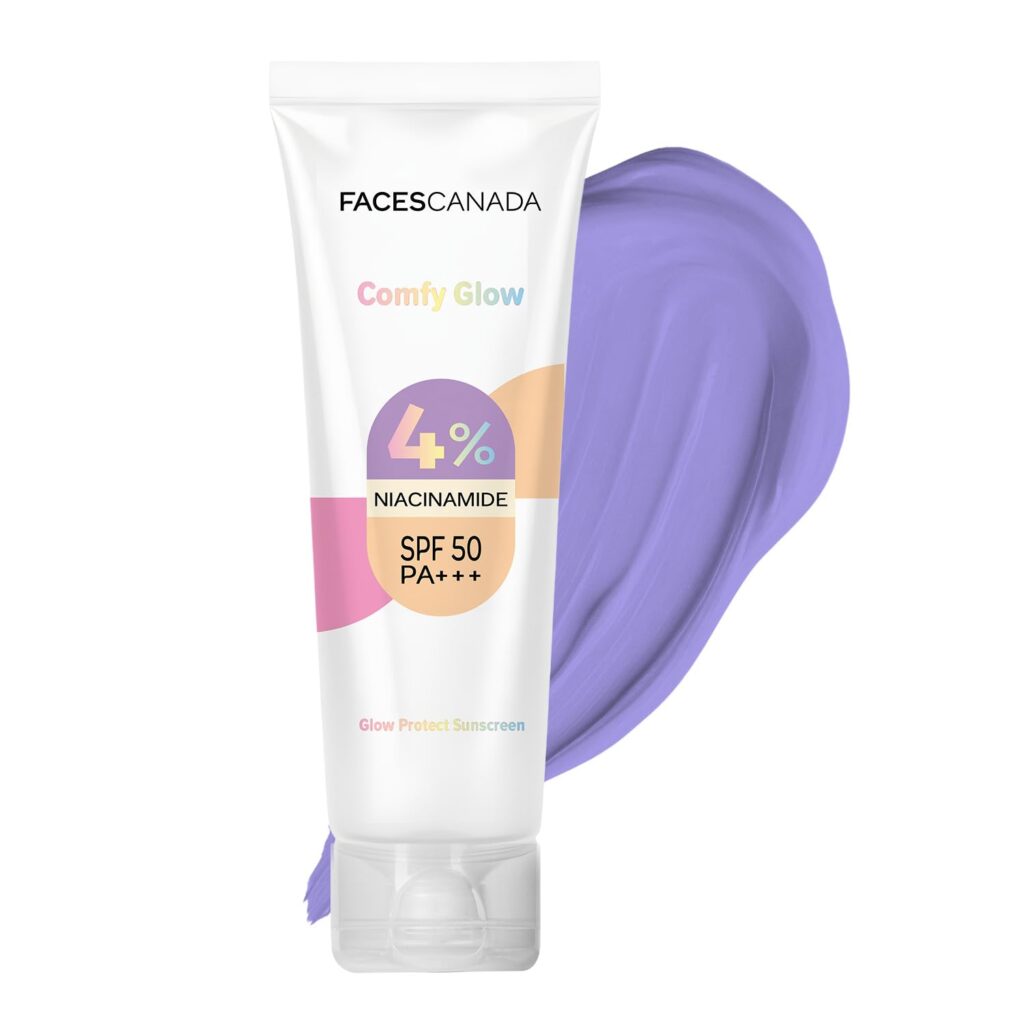 FACES CANADA Comfy Glow Sunscreen with 10% Niacinamide - 30ml | SPF50 PA+++ | UVA & UVB Protection | Feather Light Texture | Lightweight & Non Greasy | Brightens Skin | Hydrates Skin | Prevents Sunburns, Tanning & Premature Aging