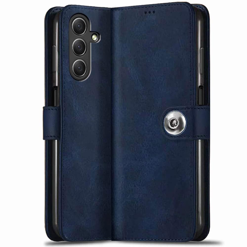 TheGiftKart Flip Cover Back Case for Samsung Galaxy A55 5G | Genuine Leather Finish | Designer Button | Inbuilt Pockets & Stand | Flip Back Cover Case for Samsung Galaxy A55 5G (Faux Leather, Blue)