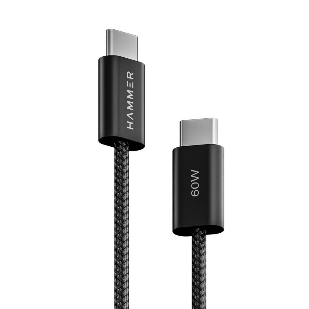 HAMMER Type C to Type C Cable 60W Braided, PD Fast Charging, Data Sync, 1.2 Meter Tangle Free Wire, Compatible with all C-Type Enabled Devices (Black)