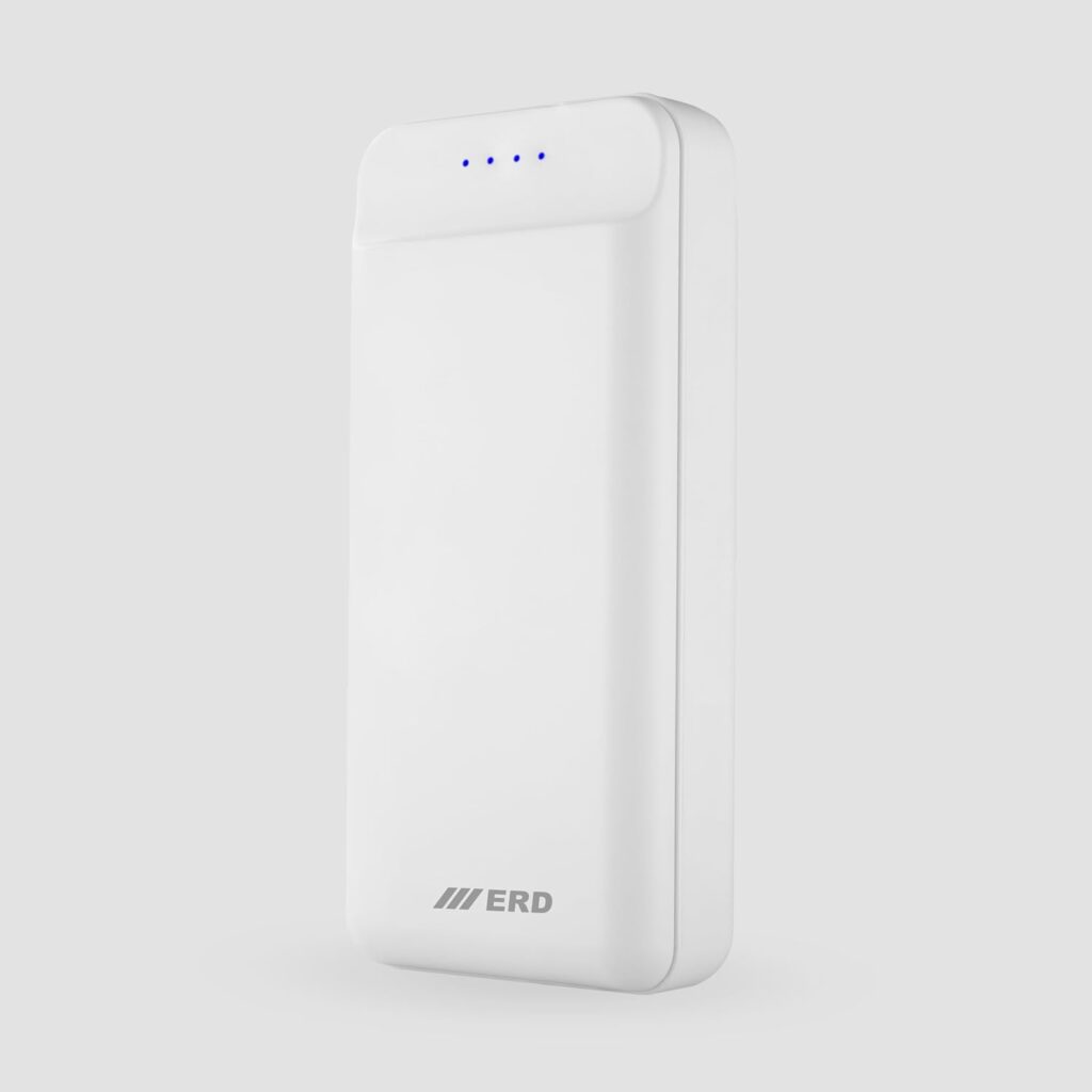 ERD PB-240 Power Bank 20000mAh Fast Charging | Li-Polymer Cells, 2 Types Output, 25W | Types-A & Type-C Input Ports, 4 LED Indications, Compatible with Smartphones, Smart Watches with Data Cable-White