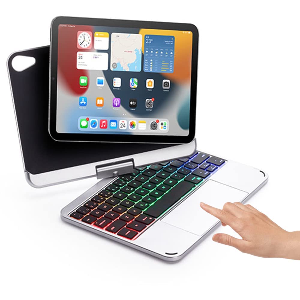 Magnetic 360 Rotating Keyboard with case Compatible for iPad mini A17 Pro 2024/ iPad mini 6 Touchpad 7 Colors Backlit Rotatable Slim Folio Keyboard Cover (Silver)