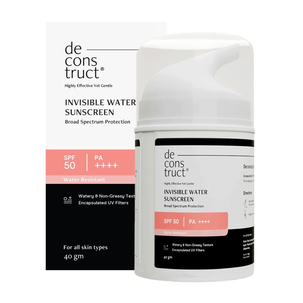 Deconstruct Invisible Water Sunscreen SPF 50 PA+++ | Instant Cooling & Freshness | 8-Hour Long Lasting Sunscreen | Broad Spectrum UVA & UVB Protection | No White Cast | For All Skin Types | 40g