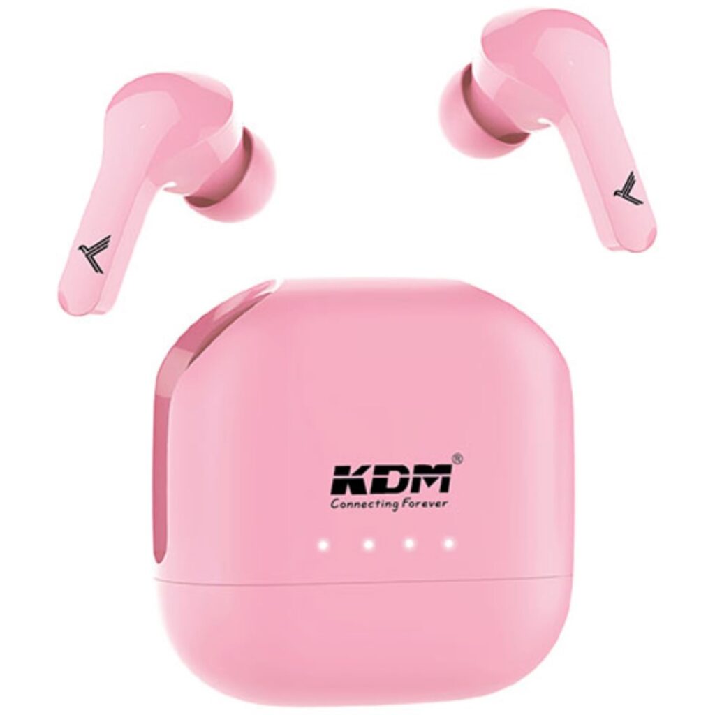 KDM – E4 Chargepods Truly Wireless in Ear Earbuds with 80hrs Playtime, Power Bank Function, DNS, V5.4 BT, Low Latency, Buds TWS, Pink