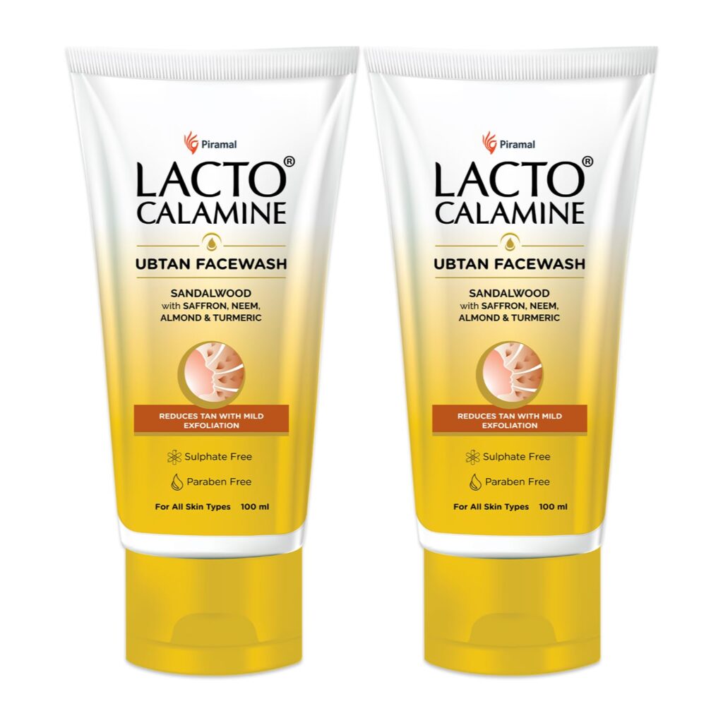 Lacto Calamine Ubtan Face Wash for Glowing Skin | Natural Face Wash with Sandalwood, Saffron, Neem, Almond & Turmeric | Exfoliating Facewash reduces Tan | Sulphate, Paraben Free | 100 ml Pack of 2