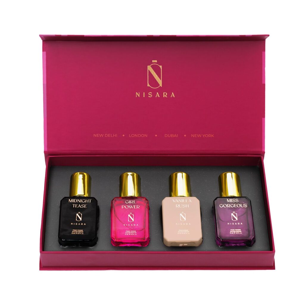 Nisara Long Lasting Woman Perfume Gift Set 4x15ml(60ml) | Notes:- Warm Vanilla, Floral Woody Musky with | Midnight Tease | Girl Power | Vanilla Rush | Miss Gorgeous | Travel & Pocket-friendly perfume kit for all moods & occasions | Ideal gift for Woman, Wife, Friend, Girlfriend