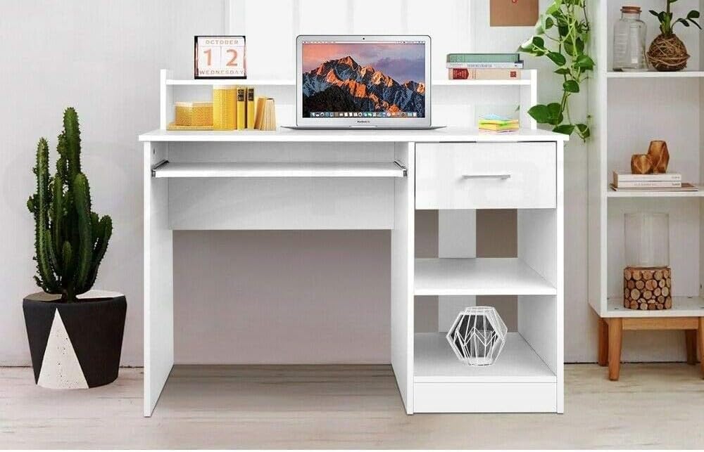 Home Office Writing Study Computer Laptop Desk Table Storage Laptop Student Home, White Color, D50.7xW100xH93 cm.