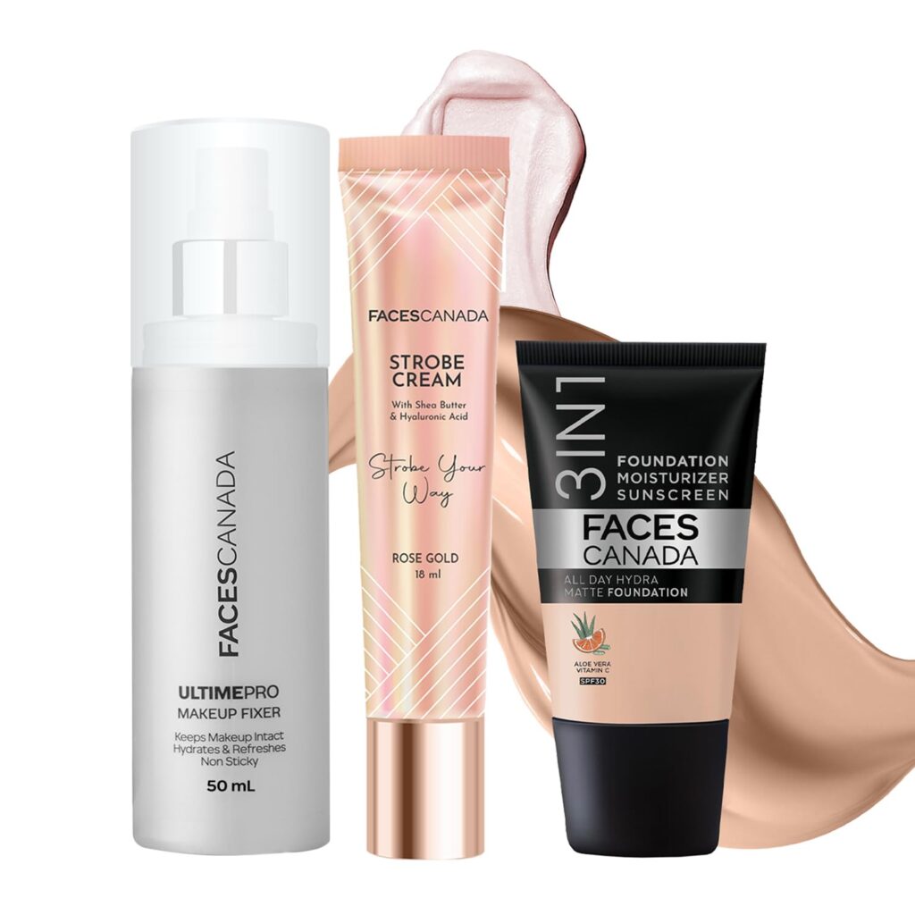 FACES CANADA Always On Shine Combo - All Day Hydra Matte Foundation - Rose Ivory 011 (18 ml) + Strobe Cream - Rose Gold (18ml) + Ultime Pro Makeup Fixer (50 ml) | Illuminating & Glowing Makeup Base | Long Lasting Makeup Setting Spray