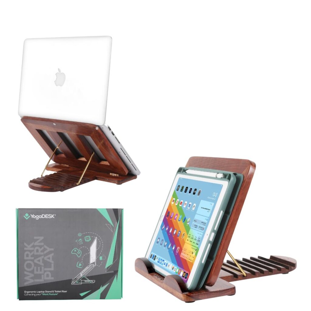 Wooden Tabletop iPad Tablet MacBook Ergonomic Foldable Laptop Stand | iPad Air Pro MacBook HP Dell| Adjustable Height Sturdy Lightweight 10-14 inch for Corporate Gifts (Walnut-sheesham)